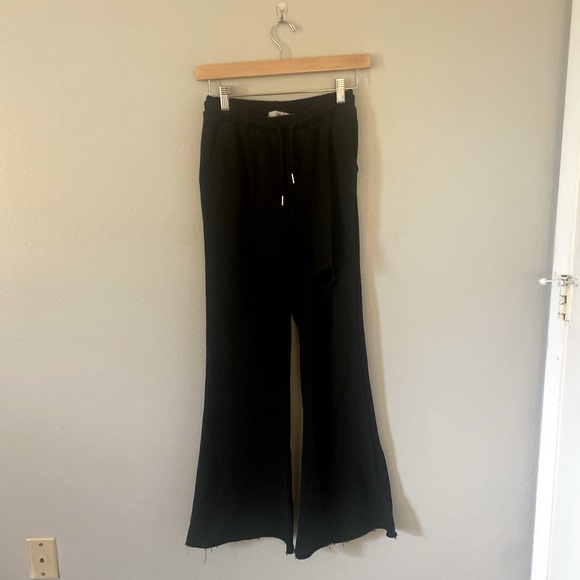 Adika Pants - Adika Black flared sweatpants rolled hem distressed drawstring small goth grunge